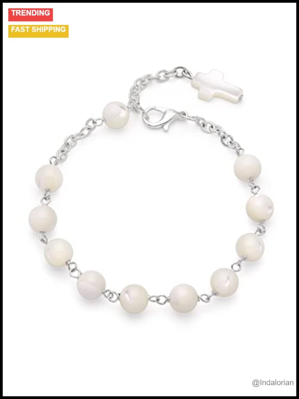 Mother of Pearl Rosary Bracelet Catholic Gift Stainless Steel Chain